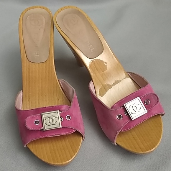 CHANEL Shoes - CHANEL CC Logo Buckle Suede Wood Heels